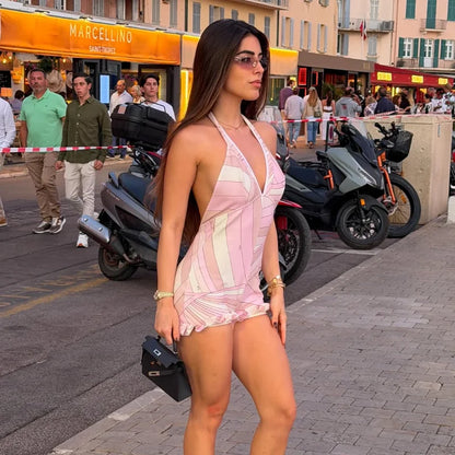 Abstract Print Halter Neck Deep V Sleeveless Short Jumpsuit Self Tie Back 2026 Spring Summer Beach Party Lady Women Outfit