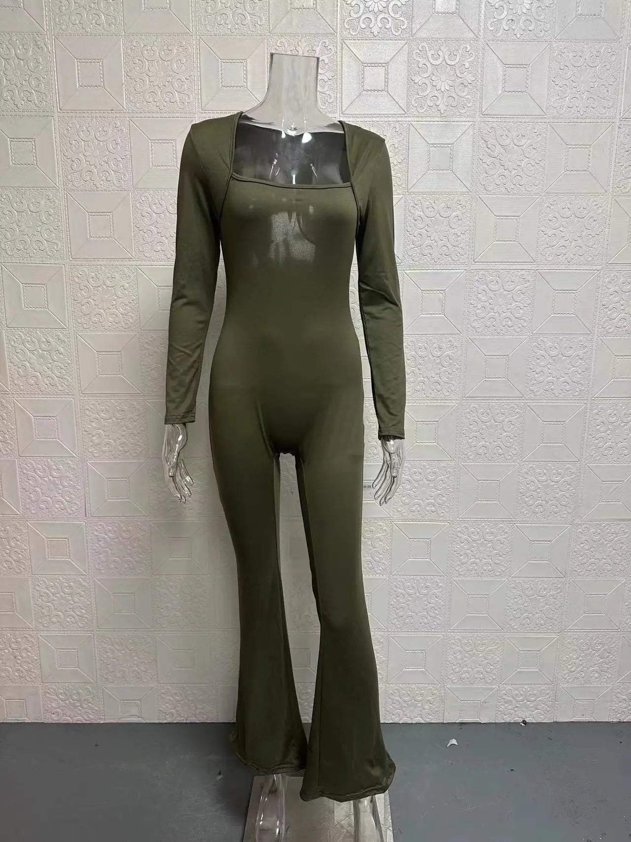 Foreign Trade Women's Long Sleeved Waist Cinching and Waist Lifting Square Collar Wide Leg High Elastic Jumpsuit