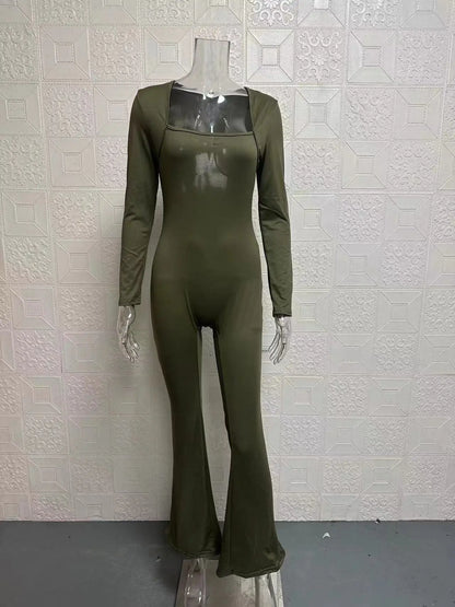 Foreign Trade Women's Long Sleeved Waist Cinching and Waist Lifting Square Collar Wide Leg High Elastic Jumpsuit
