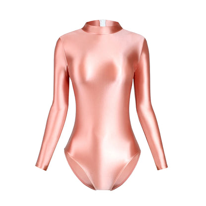 Satin Glossy Leotards Long Sleeve Back Zipper One Piece Swimsuit Sexy High-Cut Bikini Bodysuit Women Bathing Suit Plus Size
