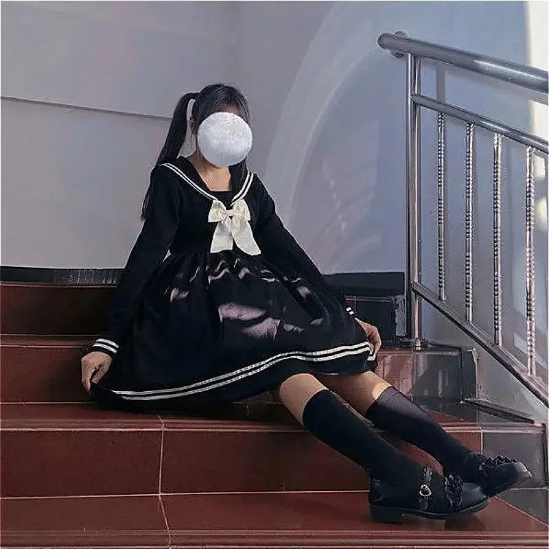 Bow splicing loose A-line fashionable knee length cute empire preparatory style Japanese full set black school uniform