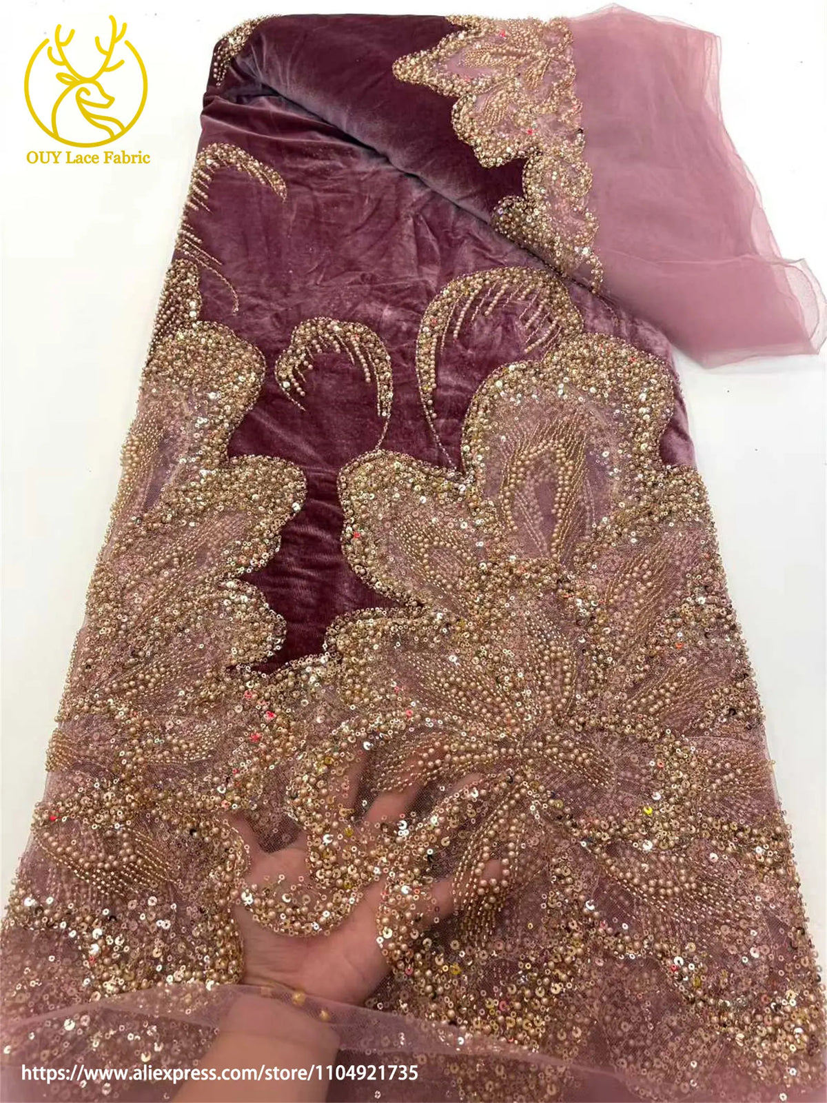 Luxury African Velvet Gold Beaded Sequins Lace Fabric 5 Yards Wine Red Groom Embroidery French Tulle Lace For Women Party Dress