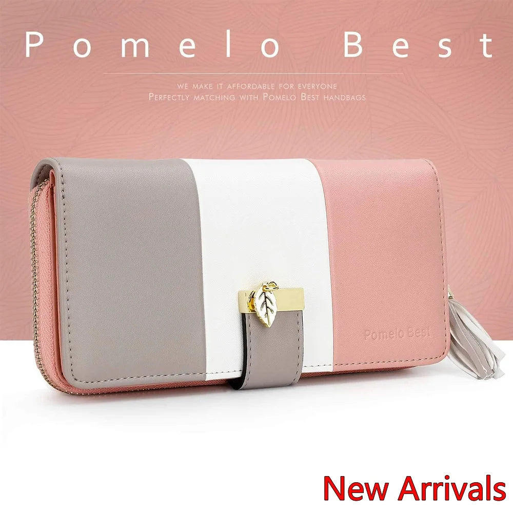 Pomelo Best Tri-color Women's Wallet Zipper Long Billfold PU Leather Large 9 Card Slots Coin Purse RFID Blocking Tassel Pendant