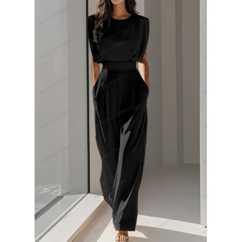 Elegant High Waisted Jumpsuit New Women's Fashion Queen Style Summer Solid Color Waistband Pocket Office Capable Jumpsuit