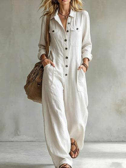 Retro Lapel Buttoned Pocket Solid Loose Commuting Pocket Jumpsuit Women Autumn New Vacation All-match Jumpsuits Women's Clothing