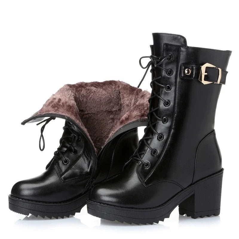 WOIZGIC Female Mother Ladies Women's Snow Genuine Leather Ankle Shoes Boots Warm Fur Plush Wool Zipper Lace Motorcycle Mid Calf