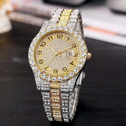 Hot Selling Full Diamond dial Iced Out alloy decoration Quartz Watch Men Luxury Hip Hop Men Watches Day Date Male classic Clock