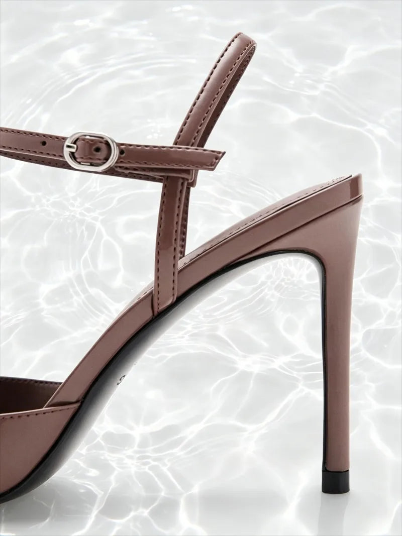 Fashion Brown Patent Leather Pointed Toe High Heels Women Luxury Ankle Strap Buckle Stiletto Sandals Elegant Banquet Dress Shoes