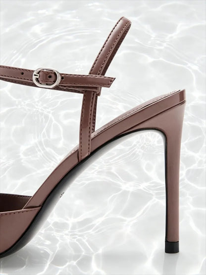 Fashion Brown Patent Leather Pointed Toe High Heels Women Luxury Ankle Strap Buckle Stiletto Sandals Elegant Banquet Dress Shoes