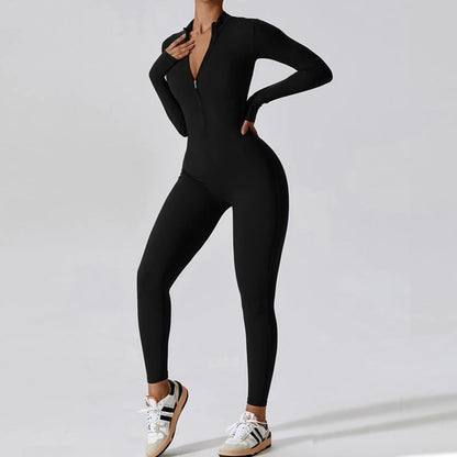 Women‘s Jumpsuits Long Sleeve Yoga Slim Fit Stretch One Piece Romper Sexy Fitness Female Black Basic Elastic Zipper Sportwears