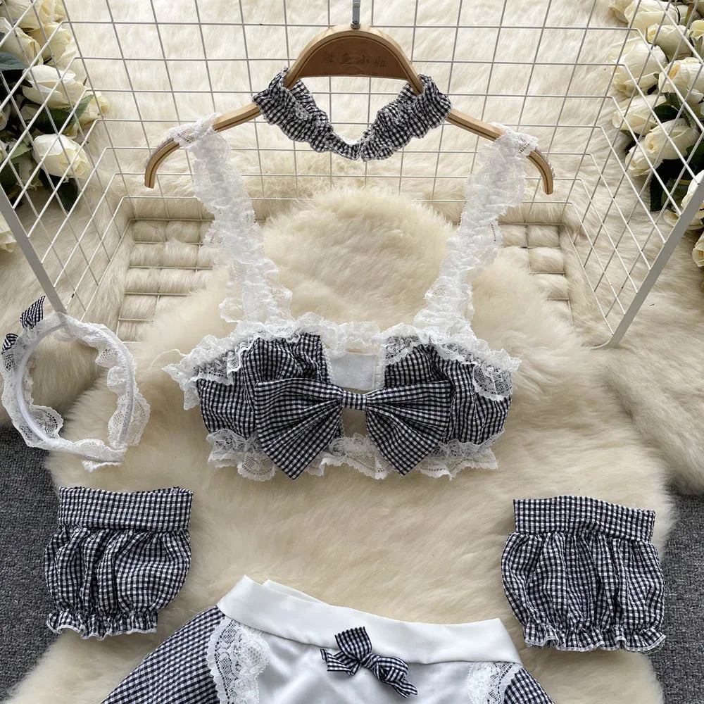 Coquette Lace Lingerie Set Sexy Mesh Bodysuit Valentines Day Sleepwear Gothic Strappy Catsuit Intimate Nightwear Romper