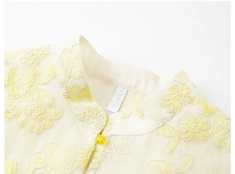 VIMLY Women's Vest 2026 Summer Casual Yellow Floral Embroidery Stand Collar New Chinese Style Sleeveless Jacket Ladies A5251
