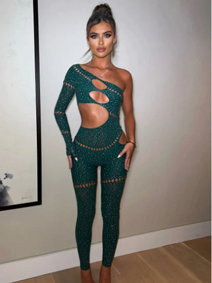 Whatiwear Rhinestones Patchwork Jumpsuit Women Sexy Hollow Skew Collar Single Sleeve Hottie Midnight Club Party Coquett Overalls