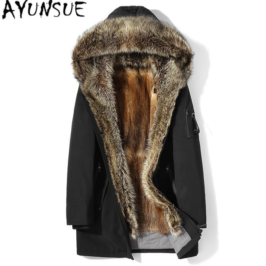 AYUNSUE Fashion Warm Men's Natural Fur Parkas Winter Detachable Mink Fur Liner Jacket for Man Hooded Raccoon Collar Fur Coat