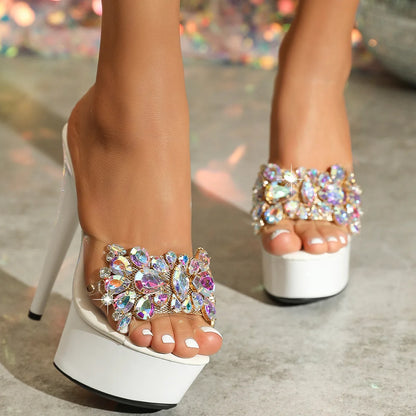 Luxury Rhinestones Transparent Slippers Women Platform Thin High Heels Model Catwalk Sandals 15CM Summer Night Club Stage Shoes