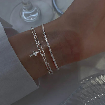 Sparkling 925 Sterling Silver Gypsophila Necklace Bracelet Set For Women Luxury Zircon Cross Pendant Three Piece Jewelry Set