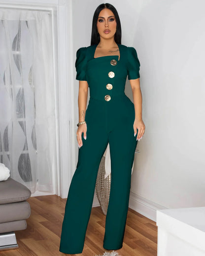 CM.YAYA Fashion Women Button Front Puff Short Sleeve Wide Leg Jumpsuits 2025 Sexy OL Chic Party Outfits One Piece Suit Rompers