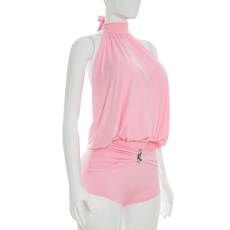 Spicy girl style fashionable hanging neck tie pleated backless slim fit jumpsuit shorts