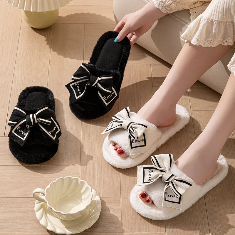 Love Fluffy Women's Slippers House Bow Luxury Designer Woman Shoes Flats Fuzzy Fur Slides Home Spring Autumn Elegant Soft Sole