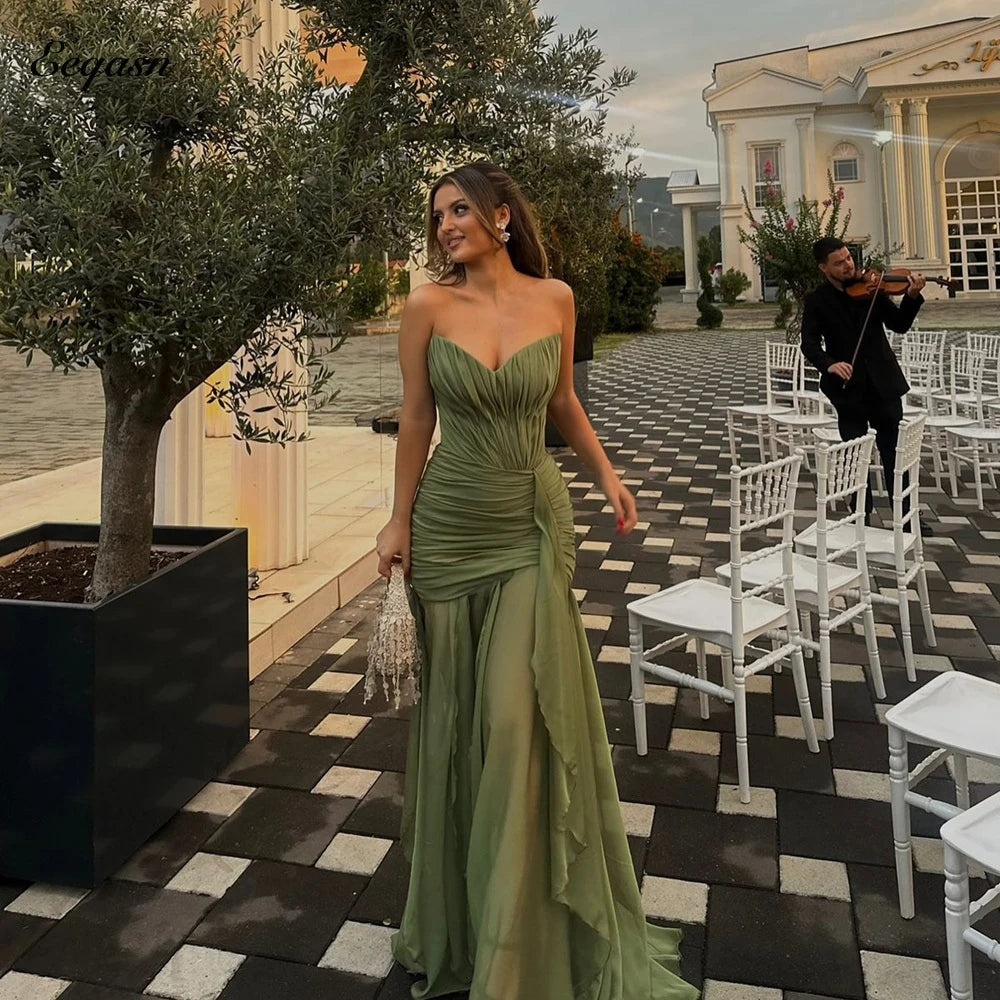 Modern Olive Green Evening Dresses Mermaid Chiffon Long Dress For Wedding Guests Corset Vestidos De Fiesta Party Customized