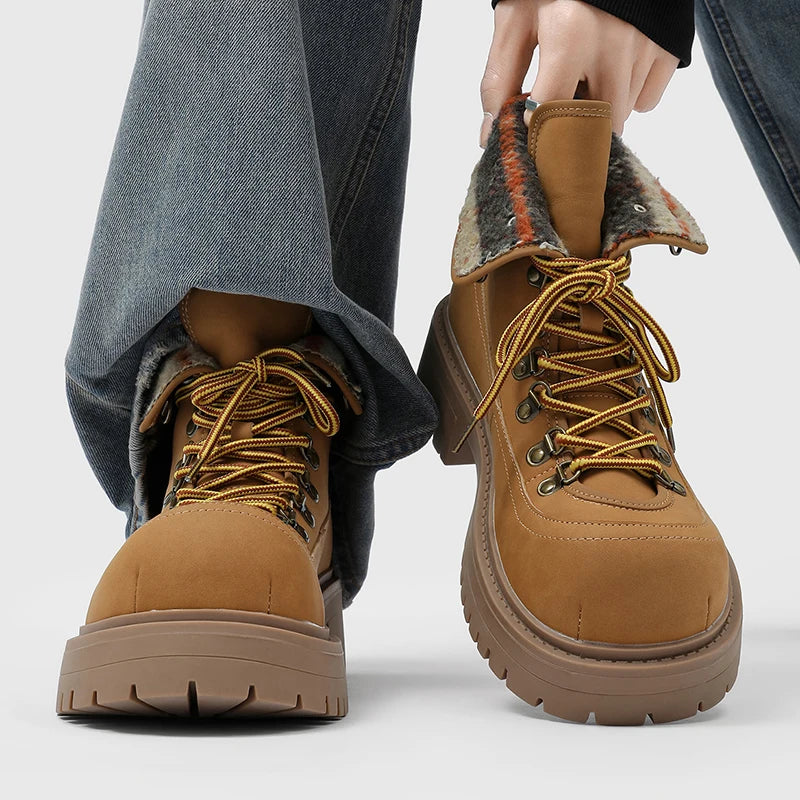 Men High Cut Thick Soled Motorcycle Boots with Trendy Round Toe Straps Comfortable Classic Business Leisure Commuting Men Boots
