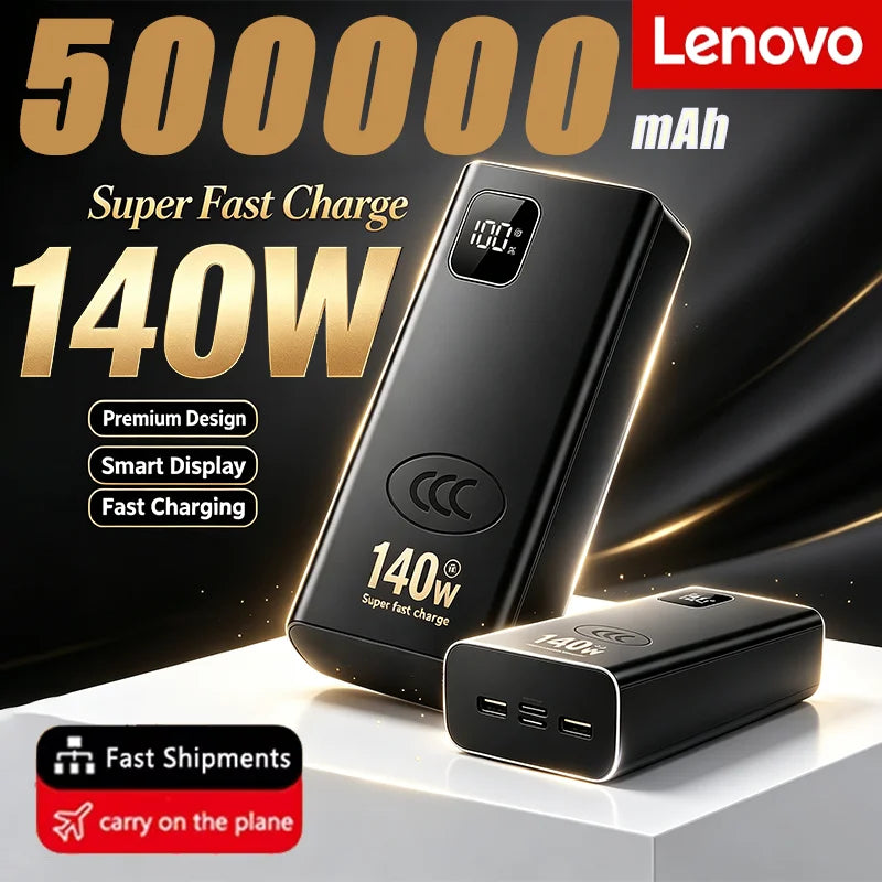 Lenovo 140W Super Fast Charging 2026 Ultra Capacity CCC Portable Charger Power Bank For IPhone Samsung 500000mAh