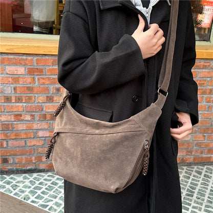 Retro Crossbody Messenger Bags For Women Faux Suede Pure Color Big Capacity Shoulder Hobo Bag 2025 Winter Latest Ladies Handbags