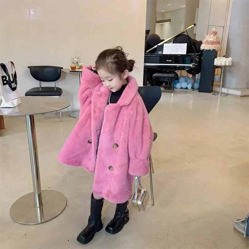 Children Fur Coat Girls Mink Fur Medium Length Coat Children Autumn and Winter Thick Warm Fur Coat Fashiono and Warm