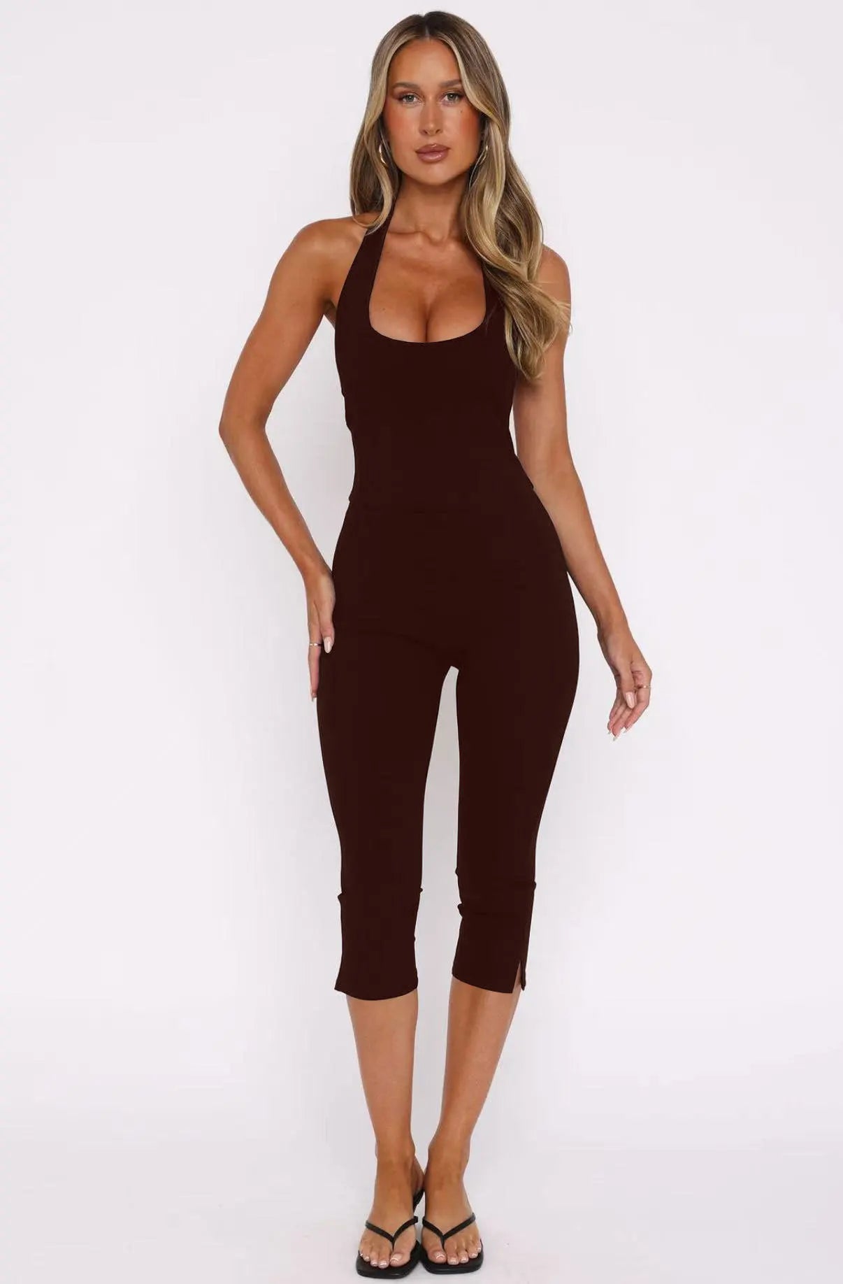 Sexy Playsuits Women Basic Solid Summer Casual Halter Low-cut Backless Stretch Skinny Rompers Female Gym Work Out One Piece New