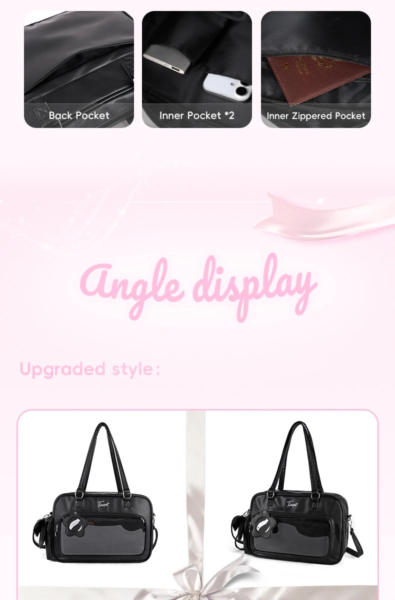 TINYAT PU Y2K Ita Bag Tote Lolita Girl Clear Window Display Message Bag Large Capacity Daily Commuting Handbag for Women School
