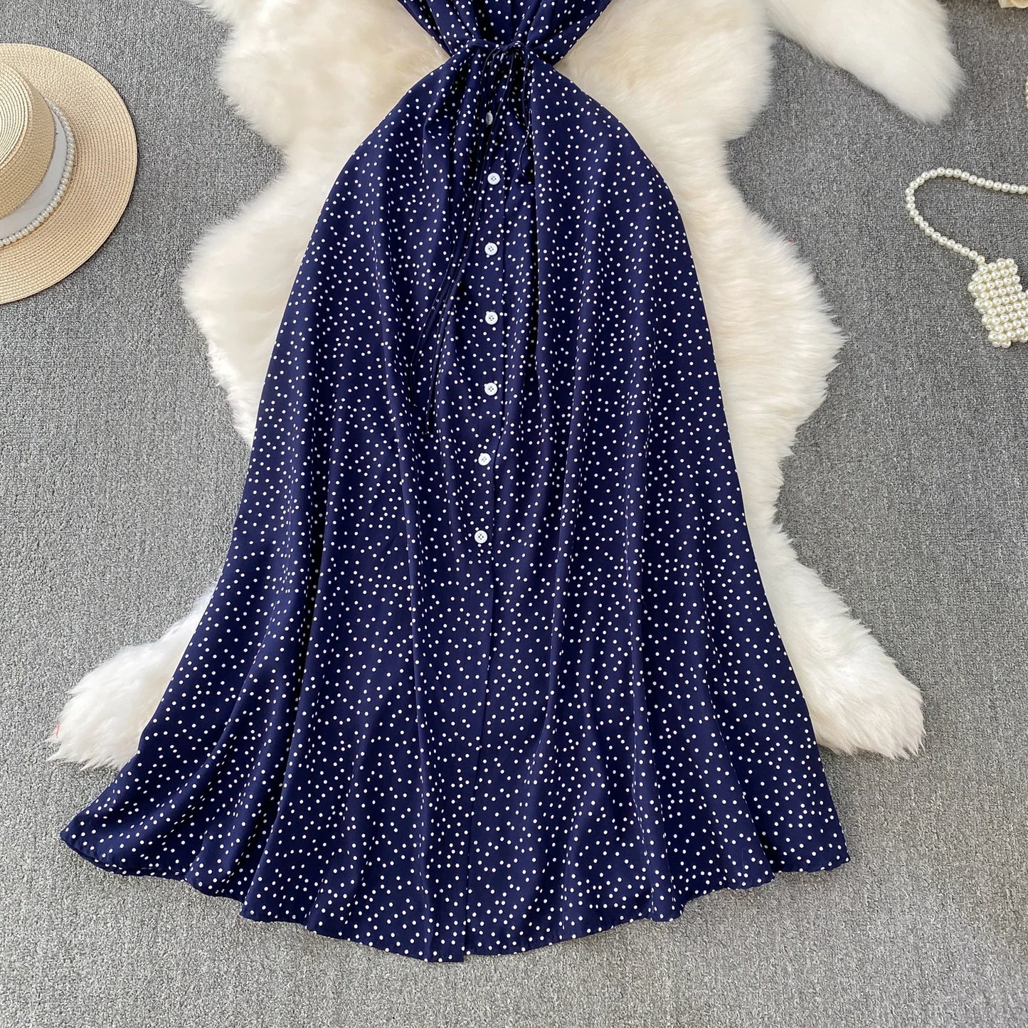 Summer Women Polka Dot Long Dress Vintage V-Neck Flying Sleeve High Waist Single Breasted A-Line Casual Vestidos Female Robe New