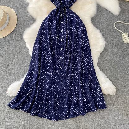 Summer Women Polka Dot Long Dress Vintage V-Neck Flying Sleeve High Waist Single Breasted A-Line Casual Vestidos Female Robe New