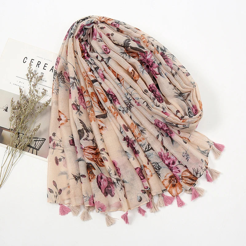 Fashion Printing Flower Tassel Shawl Cotton Viscose Scarf Women Beach Sunscreen Shawl Muslim Hijab Wrap Headscarf 180*90cm