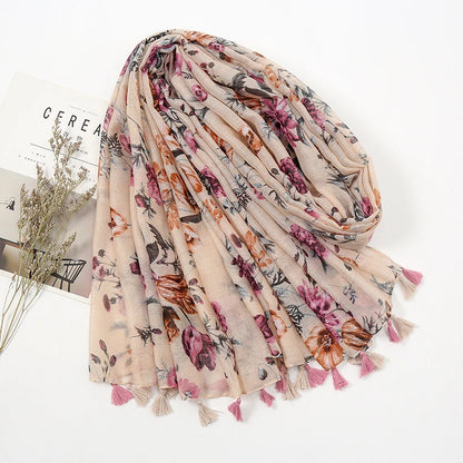 Fashion Printing Flower Tassel Shawl Cotton Viscose Scarf Women Beach Sunscreen Shawl Muslim Hijab Wrap Headscarf 180*90cm