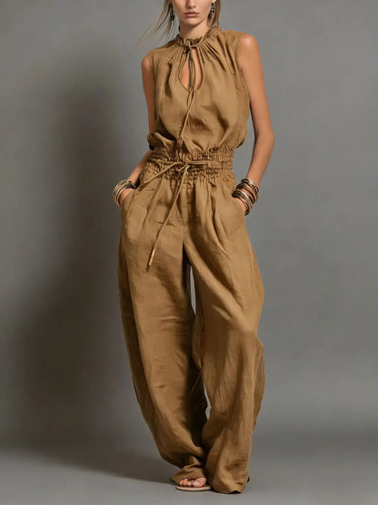 Summer Fashion Elastic Waisted Wide Leg Jumpsuit Women's Sleeveless Sexy Deep V-Neck Lace-up Loose Pockets Female Rompers 2026