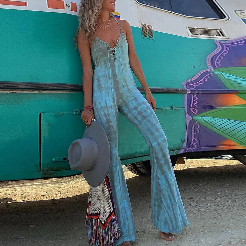 Summer Women Slim High Waist Jumpsuits Patchwork Hollow Out Femme Print Flare Pants Streetwear Casual Long Pants Party Rompers