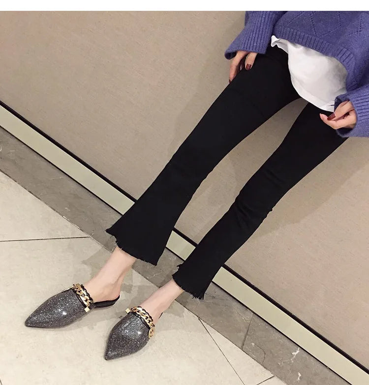 2025 New Summer Shoes for Women Luxury Slipper Girl Bling Crystal Chain Casual Flat Sandals Girl Pointed Toe Slides
