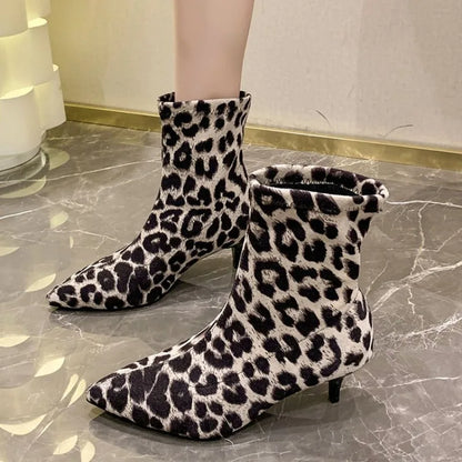 Brand Design Leopard Elastic Boots Women 2025 Winter Sexy Pointed Toe High Heel Party Boots Womens Dress Pumps Fashion Booties