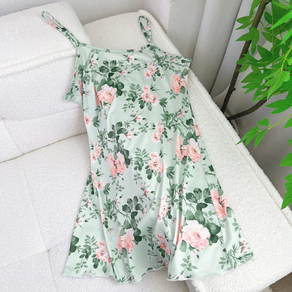 FINETOO Summer Teddy Bear Sleepwear Women Seamless Hearts Butterfly Floral Printed Sleeveless Ruffled Loungewear Cute Nightdress
