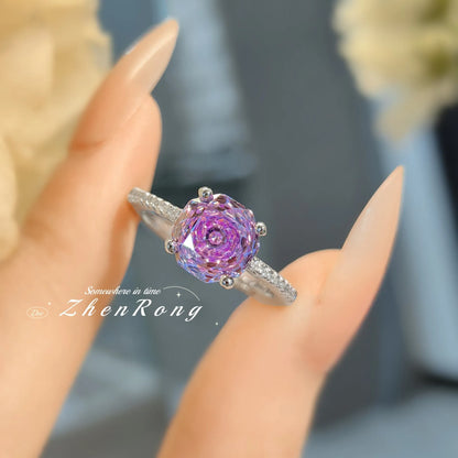 Foyejev Luxury Round Rose-cut Purple-Iron Oxide Zircon Pendant Necklace Earrings Ring Engagement Jewelry Set (Women's Style)