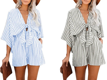 Summer waist slimming striped jumpsuit for women, European and American foreign trade deep V flared sleeve three quarter pants