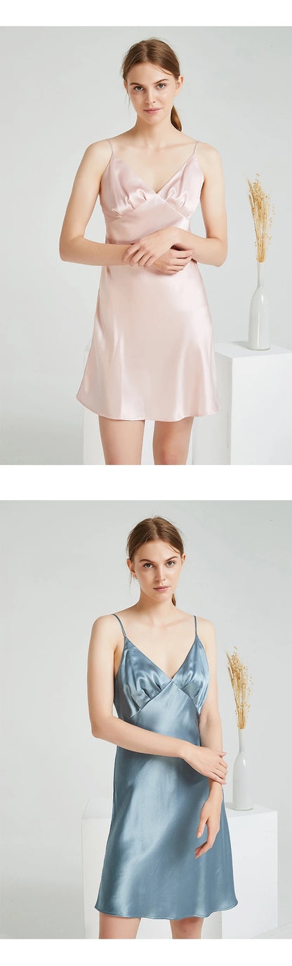19 Momme 100% Mulberry Silk Nightgown V-Neck Sexy Cami Slip Dress Women Loungewear Sleepwear Breathable