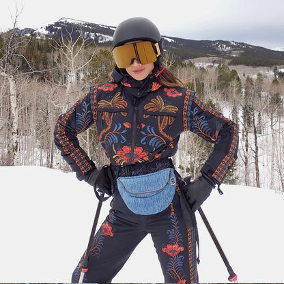Women's Skiwear Printed With Belt Jumpsuits Winter Female Stand Collar Long Sleeve Zipper Slim Jumpsuit New Ladies Ski Sportwear