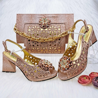 Mature Style Women Shoes and Bags Set 2023 Spring New Design Rose Gold Color Italian Sandals with Shinning Crystal for Party