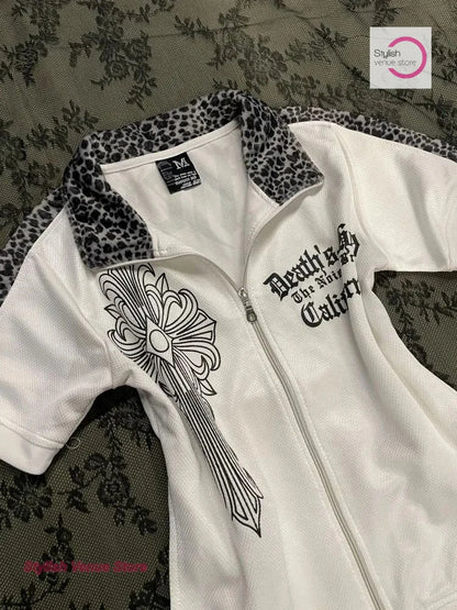 Japanese subculture y2k splicing leopard print cardigan coat short sleeve T-shirt women's summer new vintage slim waist top