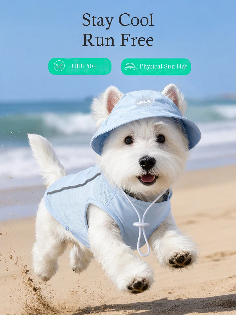 Pet Dog Summer Cooling Vest with Cap Breathable Mesh Sun Protective Shirt for Dogs&Cats，Lightweight Outdoor Pet Clothes Set