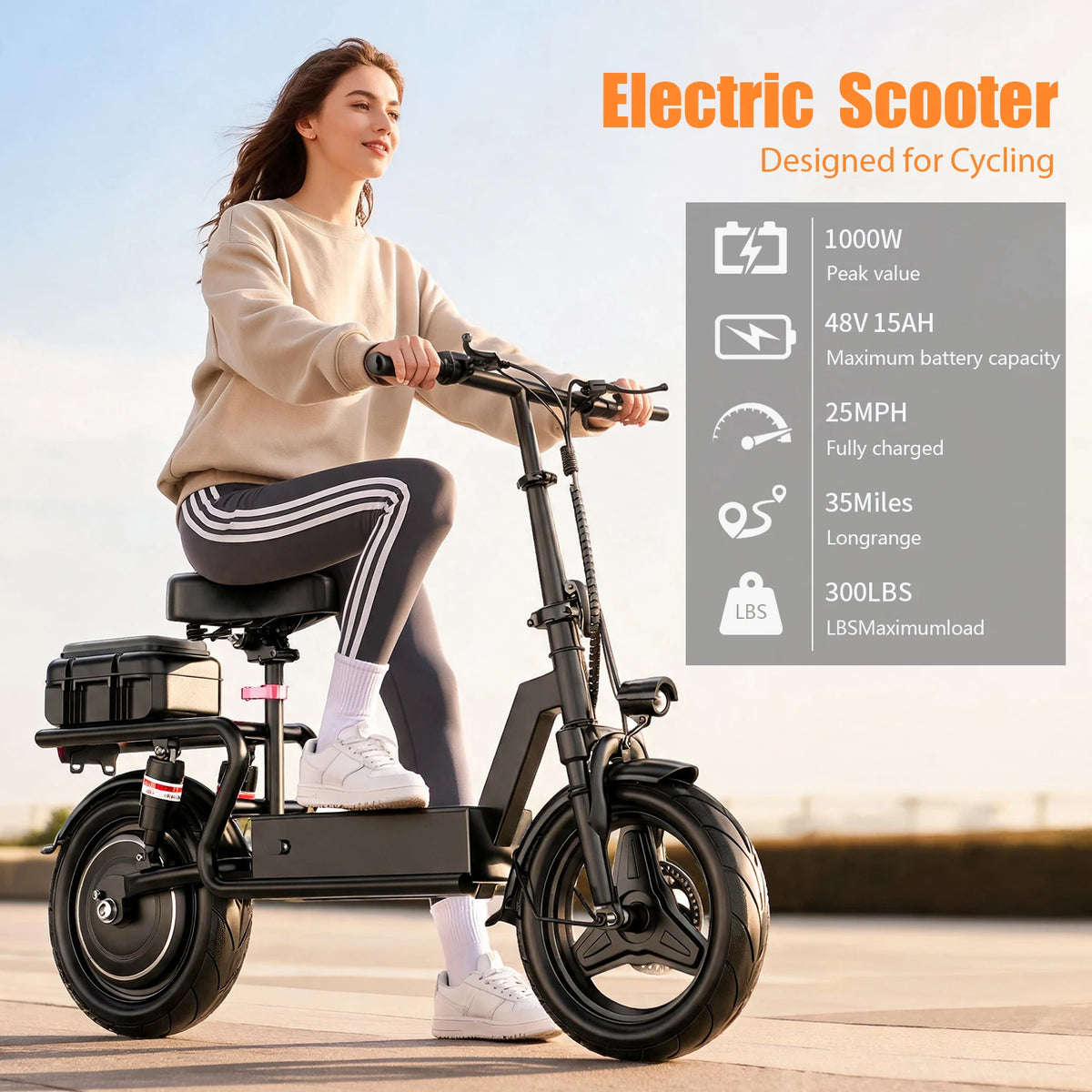 ASKGO Electric Scooter with Seat, 1000W Peak, 25MPH Top Speed, 35 Miles Range with 15Ah Battery, 14" Foldable Adult E Scooter, Dual Suspension & Dual Brake, Waterproof Rear Storage Box for Commuting and Shopping