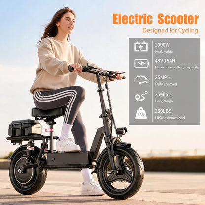ASKGO Electric Scooter with Seat, 1000W Peak, 25MPH Top Speed, 35 Miles Range with 15Ah Battery, 14" Foldable Adult E Scooter, Dual Suspension & Dual Brake, Waterproof Rear Storage Box for Commuting and Shopping