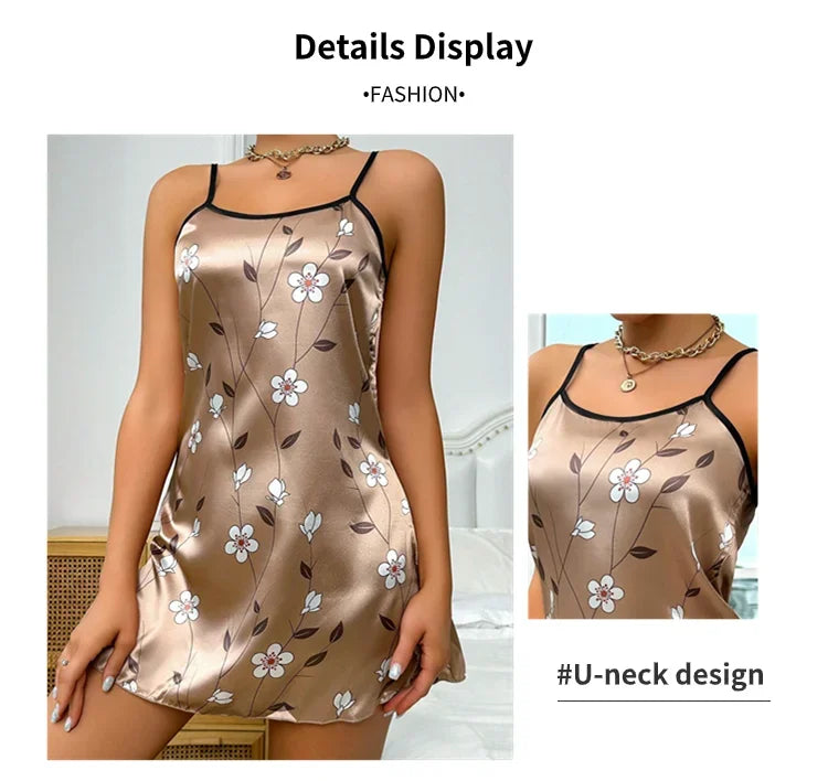 Ladies Sexy Sling Nightgown Nightdress Women's Sexy Lingerie Silk Satin Sleepwear Floral Pinting Nightwear Homewear Mini Dress