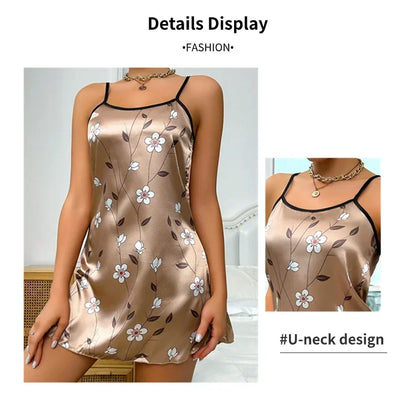 Ladies Sexy Sling Nightgown Nightdress Women's Sexy Lingerie Silk Satin Sleepwear Floral Pinting Nightwear Homewear Mini Dress